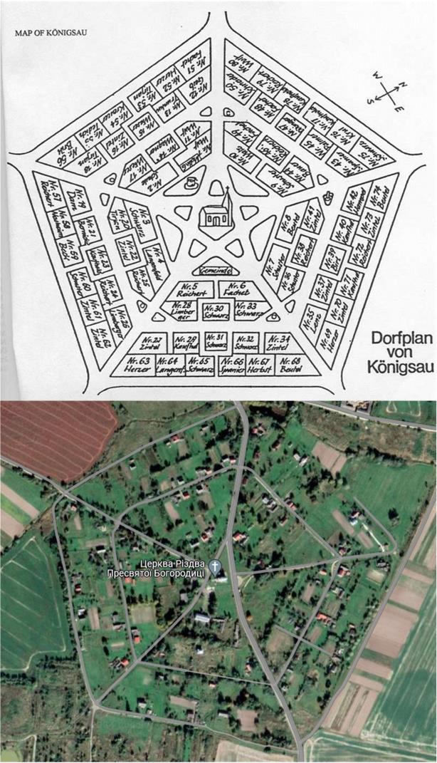 Німецьке село Konigsau біля Меденич у вигляді пентаграми. Фото звідси